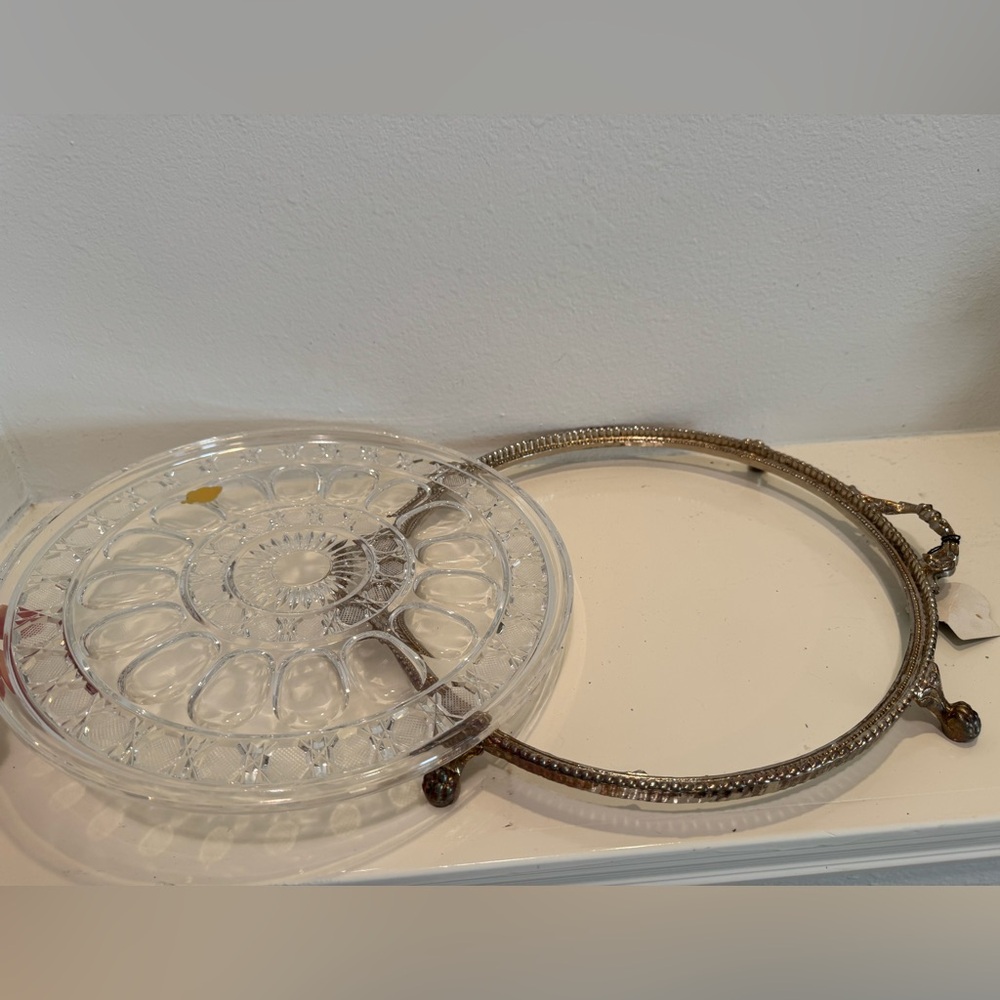 Vintage Ornate Monarch Crystal 24K Gold Plated Round Claw Foot Serving Tray - Picture 9 of 12